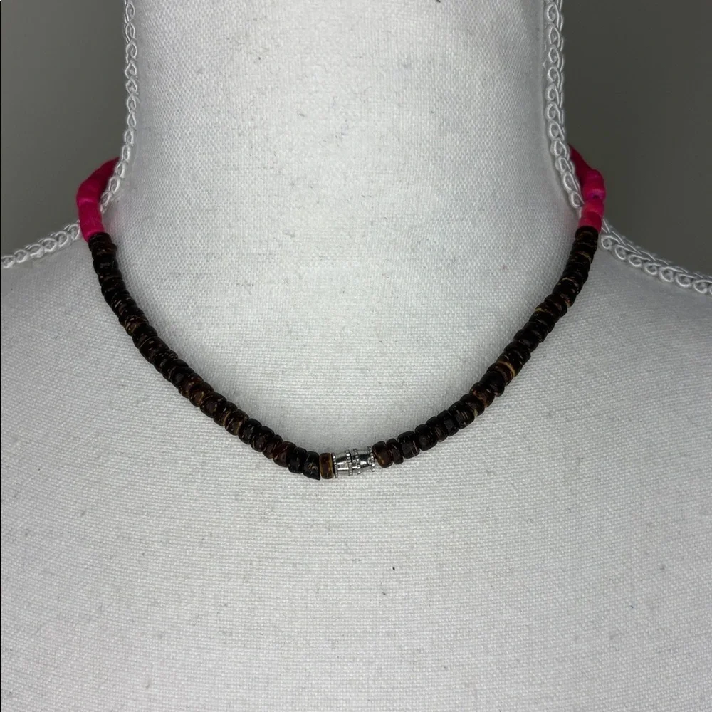 Retro Pink, Brown & White “Surfer Girl” Beaded Necklace